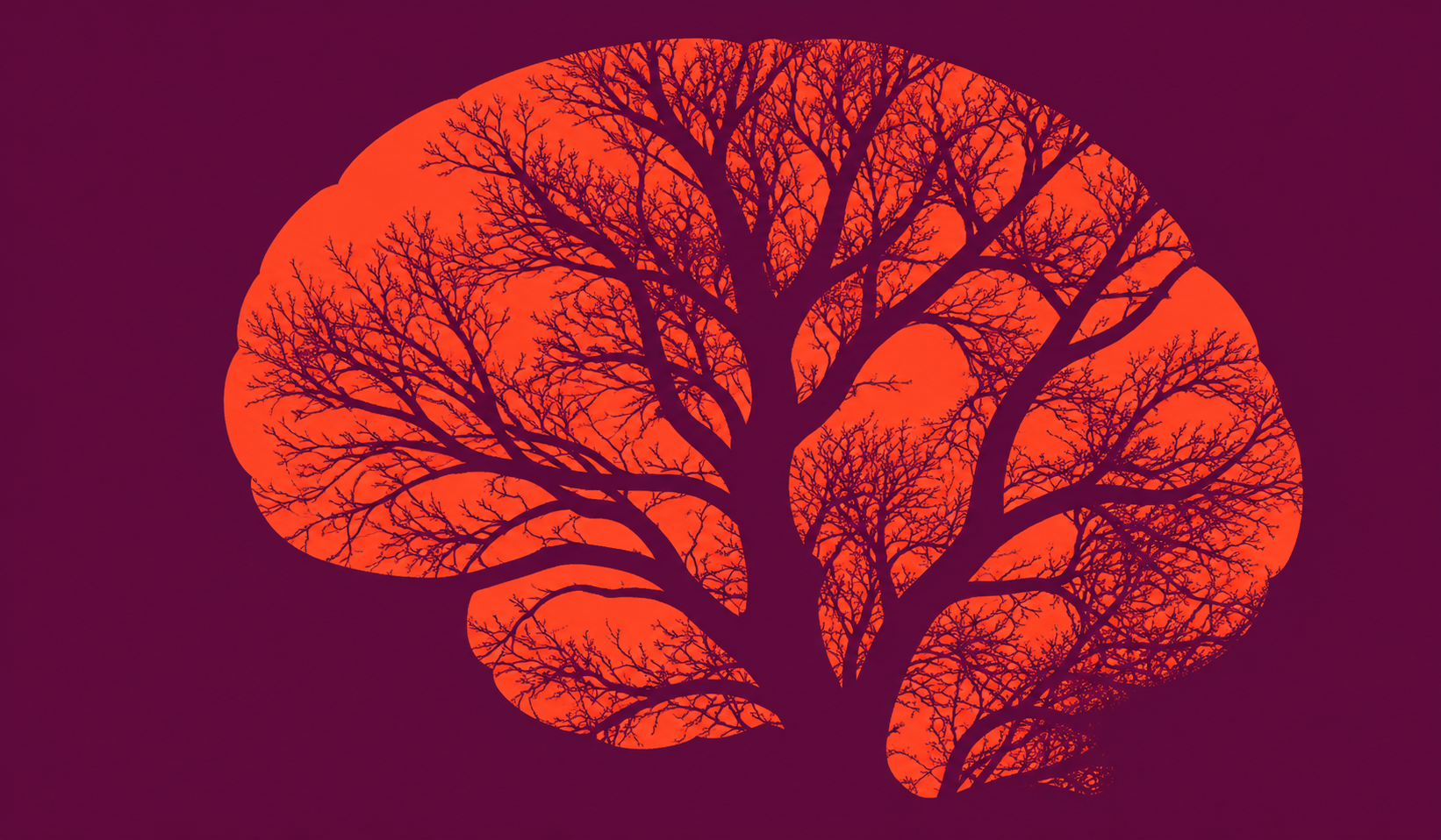 Orange brain silhouette formed by branching trees