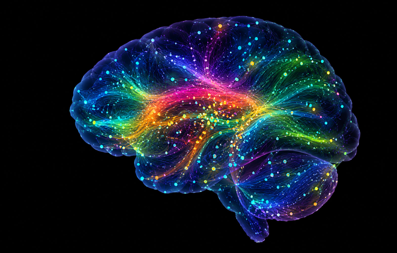 Colourful neural pathways within a brain against a black background