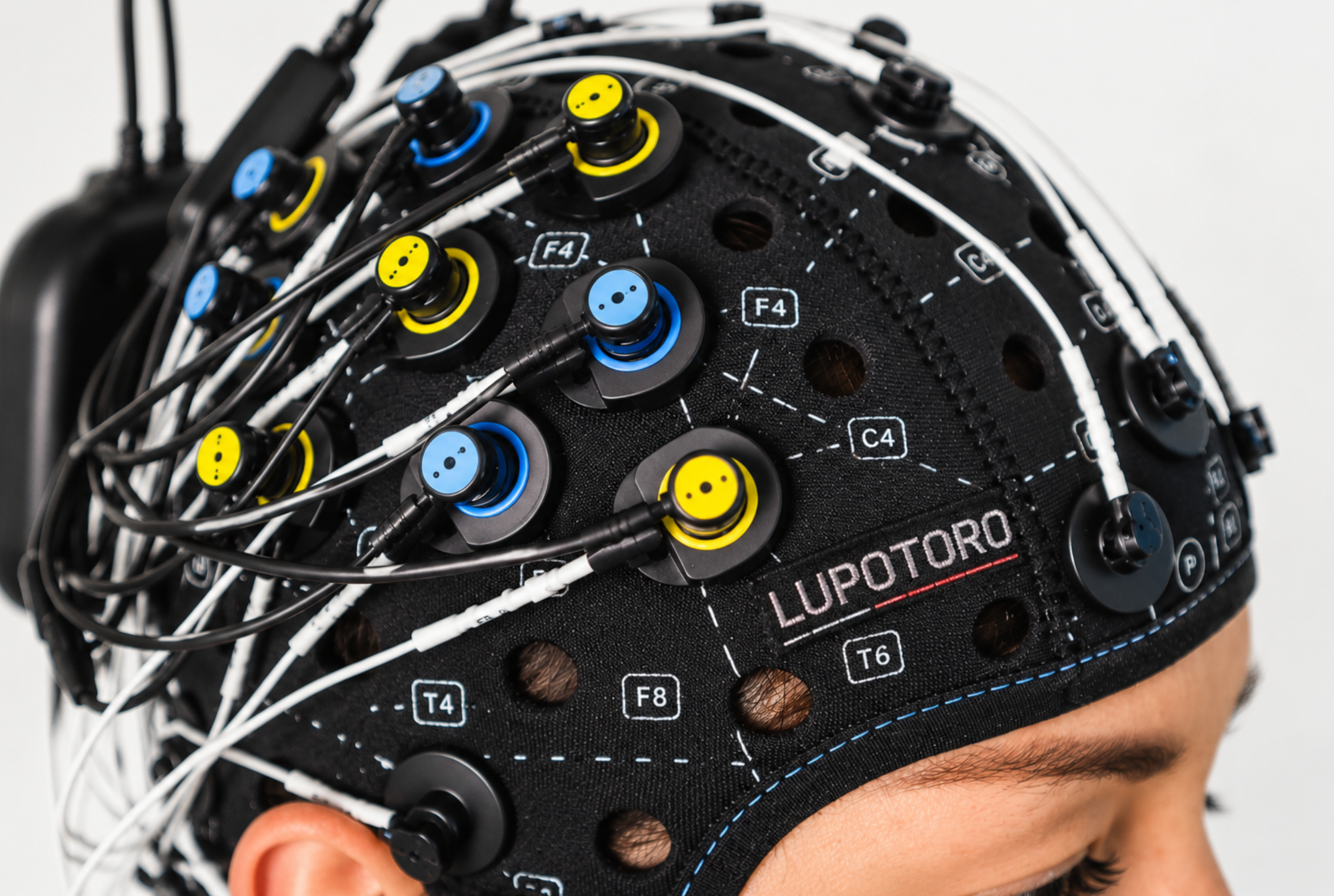 EEG electrode cap with LupoToro stitched into the fabric