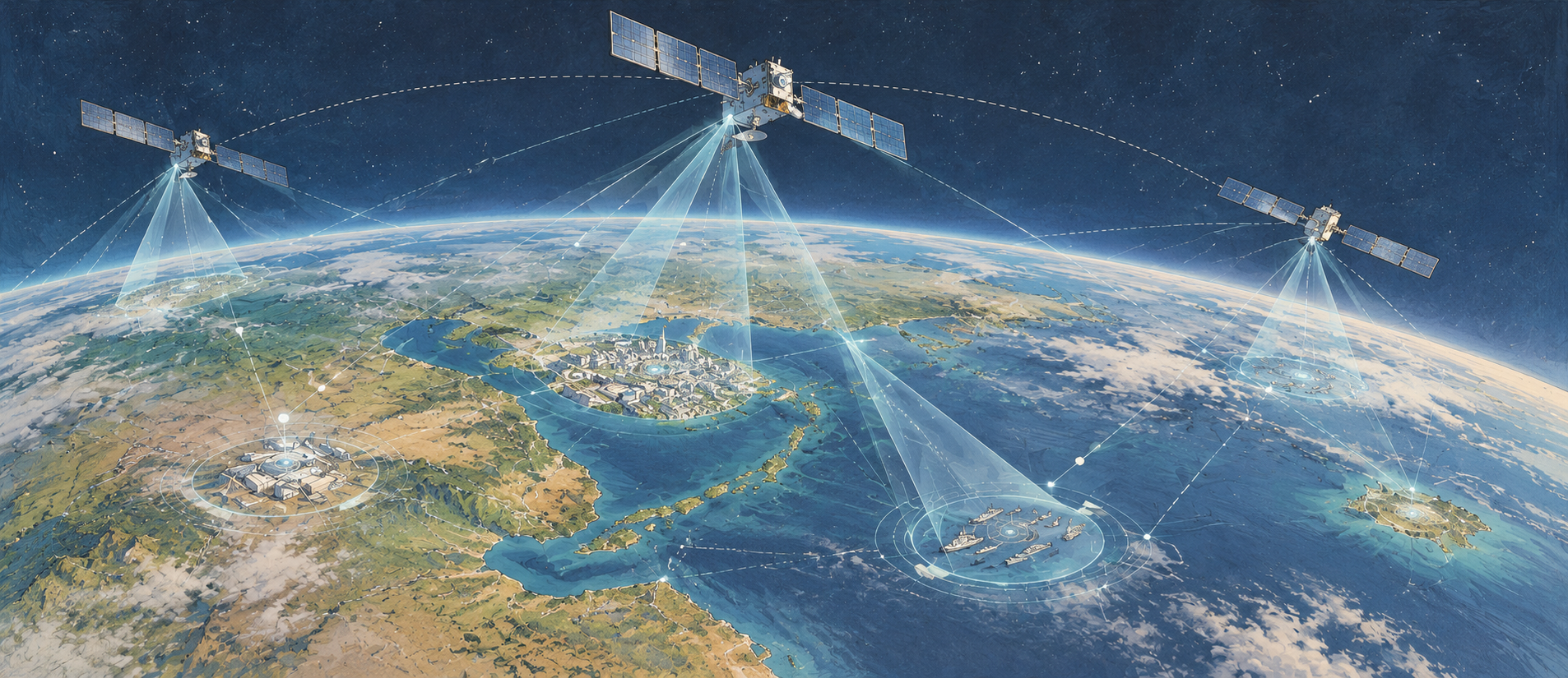 Illustrated satellites connecting observation beams to cities ports and infrastructure on Earth
